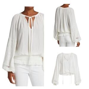Ramy Brook Romy Blouse M White Long Sleeve Blouson Sleeve Embroidery Lace Chic